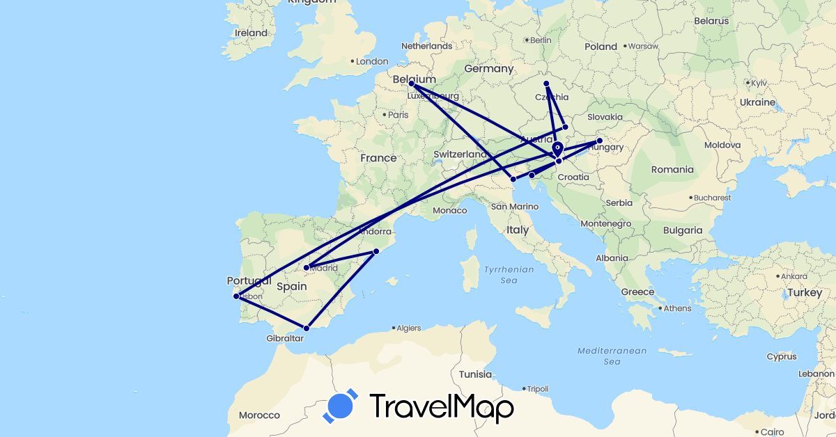 TravelMap itinerary: driving in Austria, Belgium, Czech Republic, Spain, Hungary, Italy, Portugal, Slovenia (Europe)